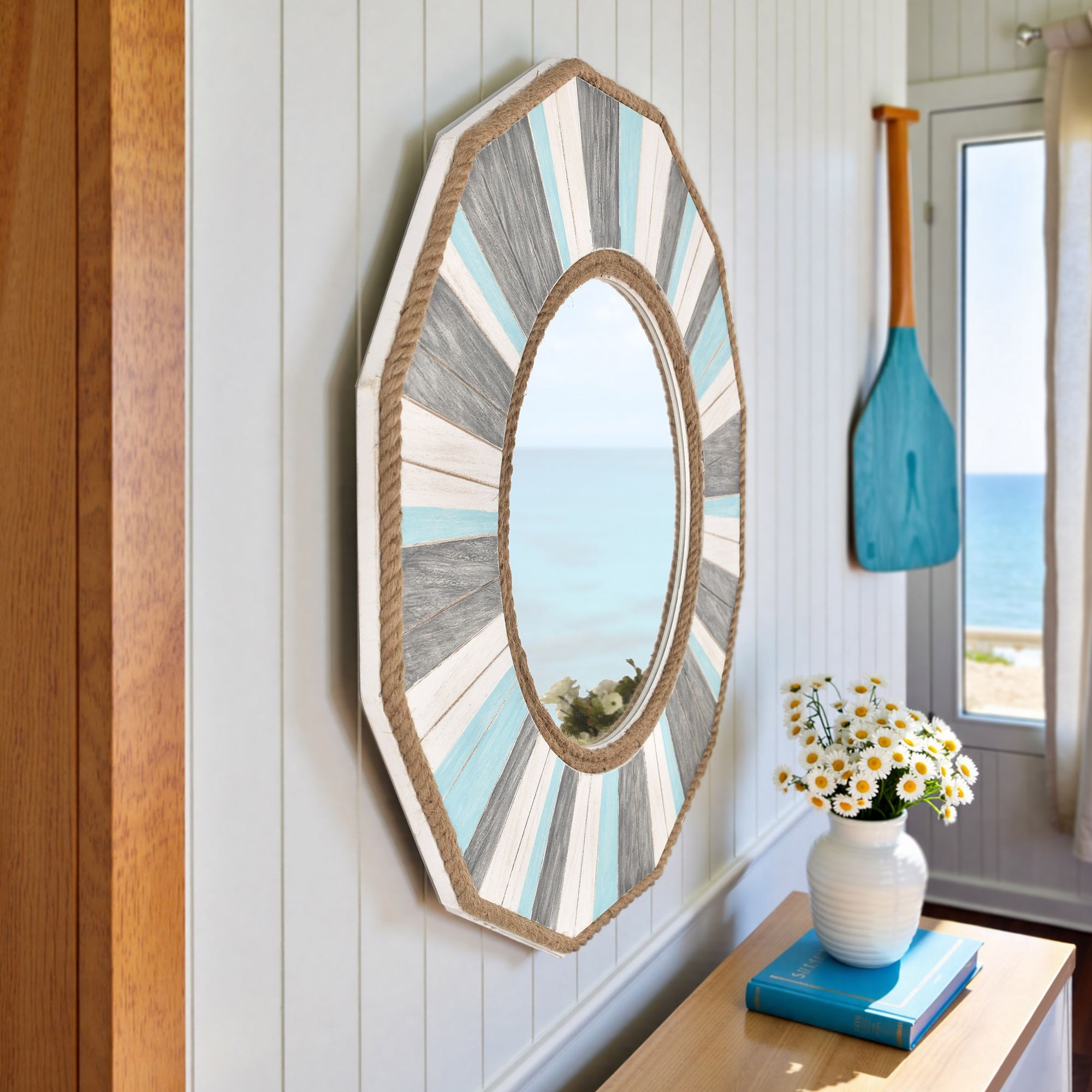 Image 7 Stylecraft Montauk 32 3/4" Gray Blue Wood and Hemp Round Wall Mirror more views