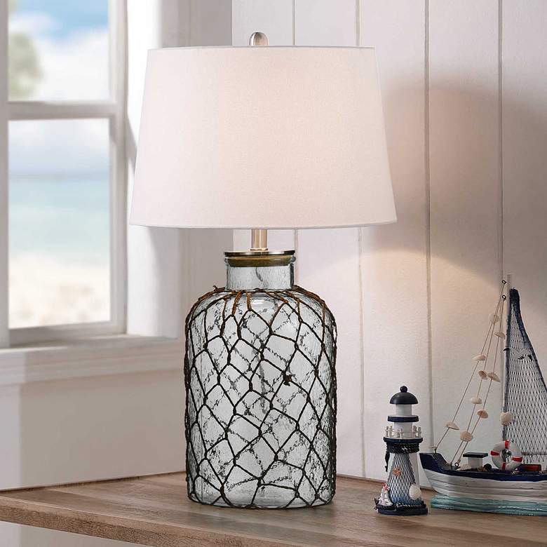 Image 1 Stylecraft Montego Bay 30" Fabric Shade Clear Seeded Glass Table Lamp