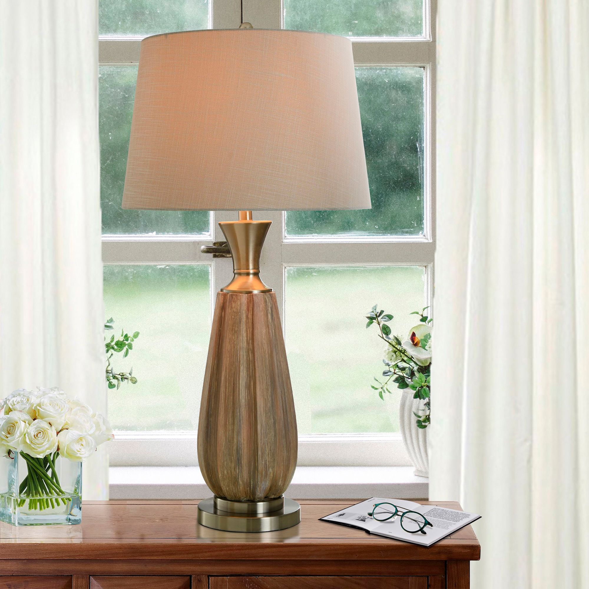 Image 7 Stylecraft Roanoke 35 1/2" Cream Shade Brown Faux Wood Table Lamp more views