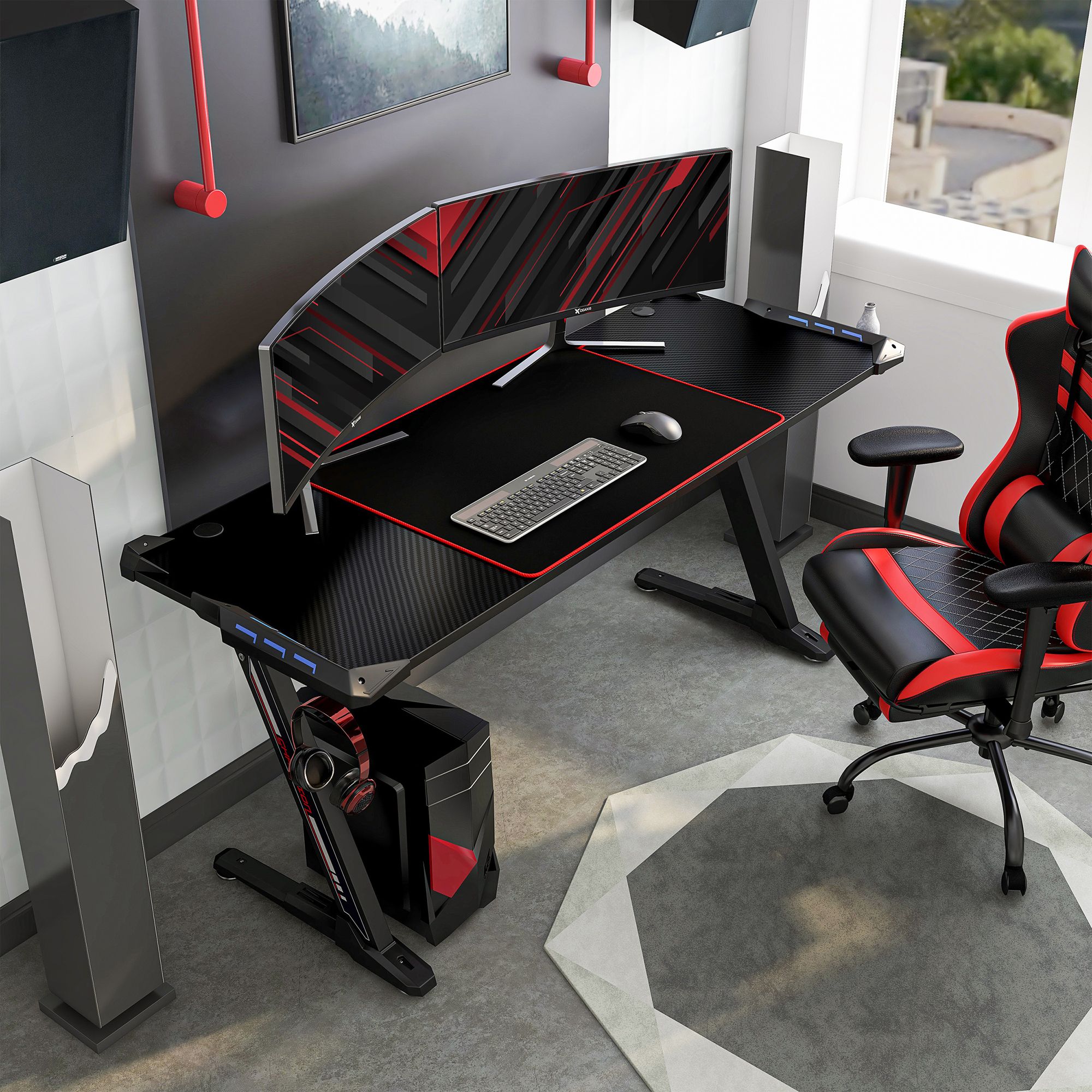 Sukim 67 1/2"W Black Metal Gaming Desk with Built-in Outlets