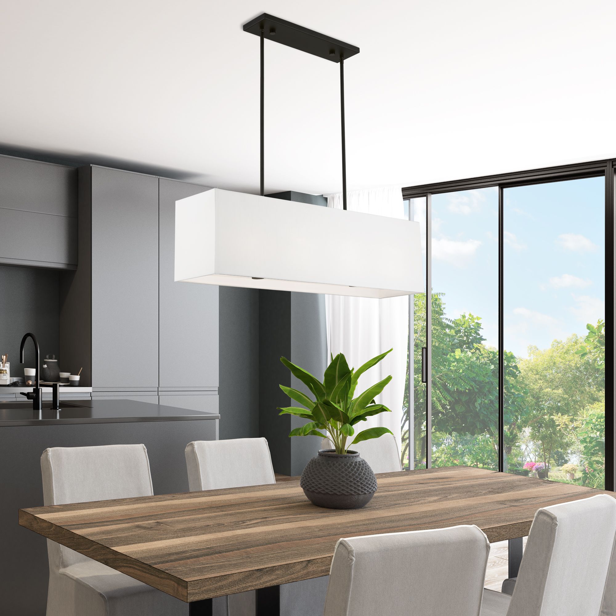 Summit 36"W Black Linear Pendant Light with Off-White Shade