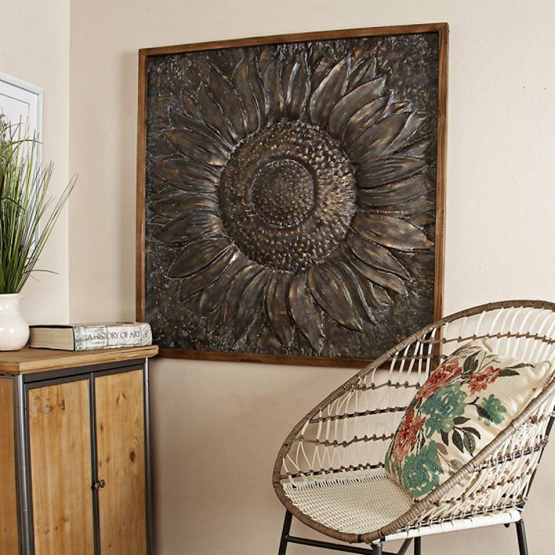 Image 1 Sunflower 39 inch Square Sunburst Metal Framed Wall Art