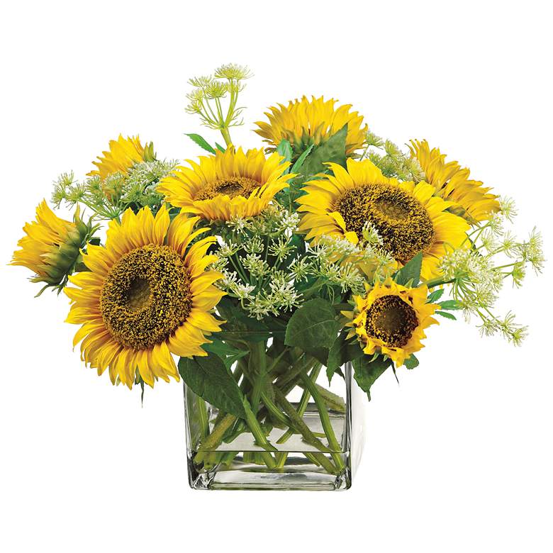 Image 1 Sunflower and Queen Anne&#39;s Lace 18 inchH Faux Flowers in Vase