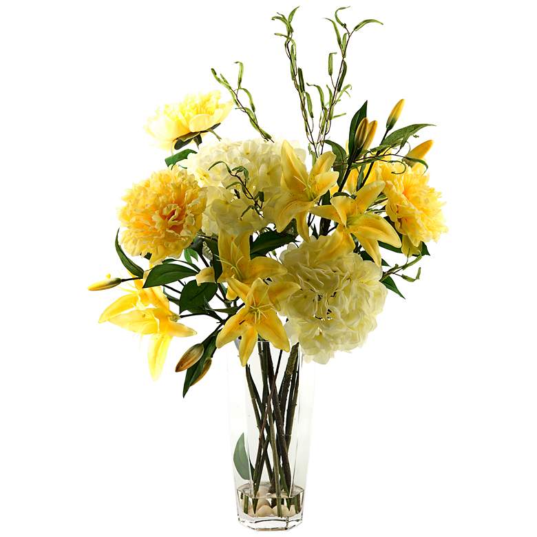 Image 1 Sunny Yellow Lilies, Peonies and Hydrangeas in Glass Vase
