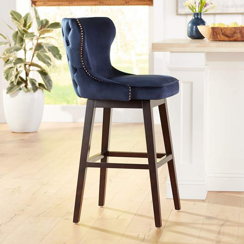 Image 1 Sunpan Ariana 29 1/2" Brass Trimmed Navy Blue Swivel Bar Stool