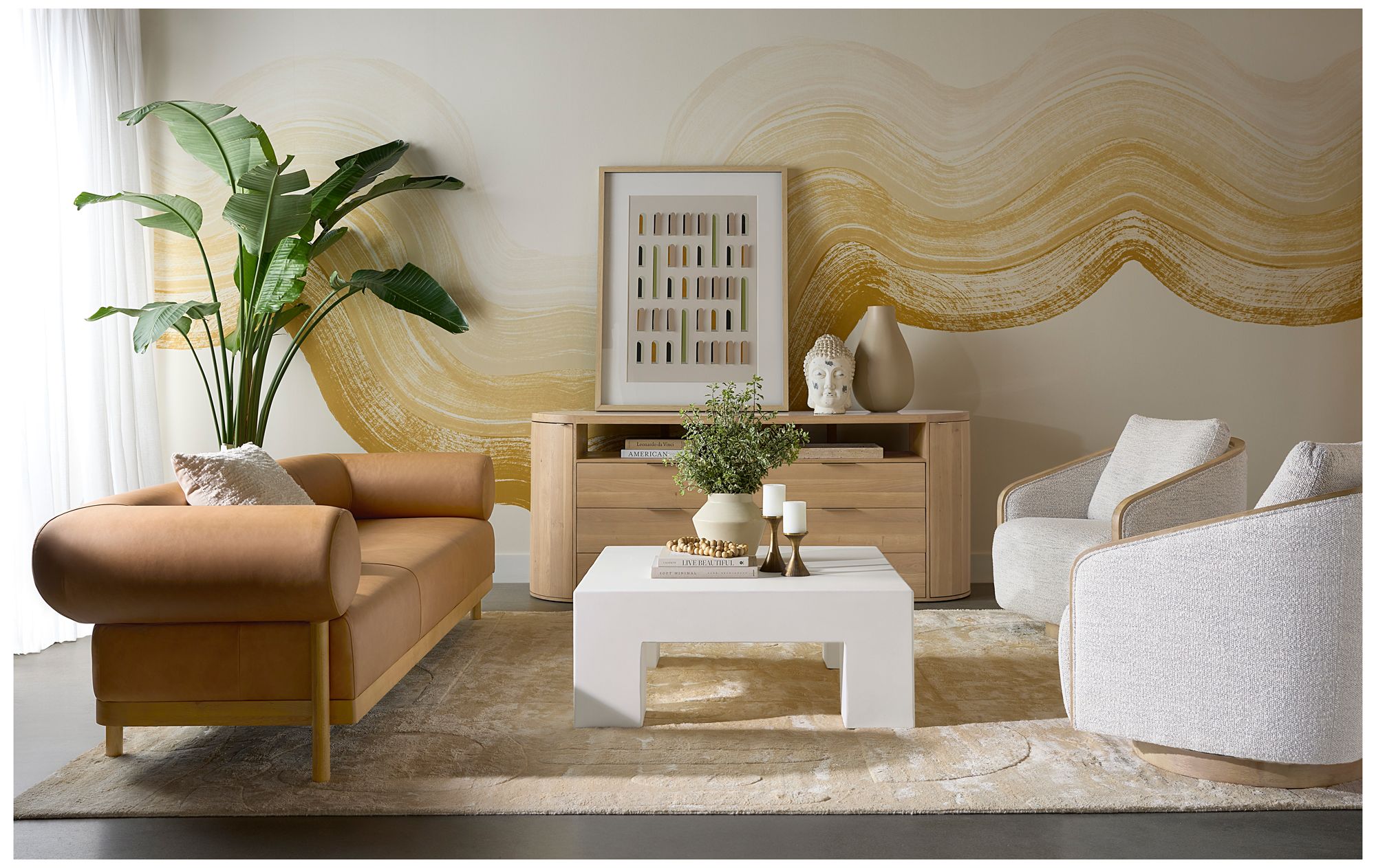 Sunpan Bromley Sofa Rustic Oak Ludlow Sesame Leather