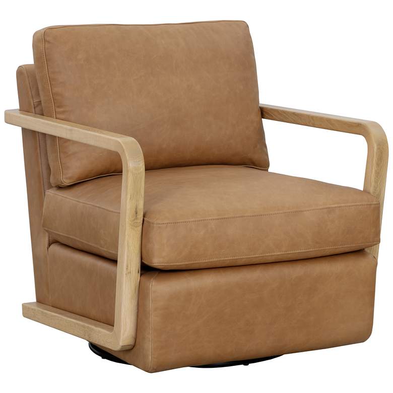 Image 1 Sunpan Castell Swivel Lounge Chair Rustic Oak Ludlow Sesame Leather