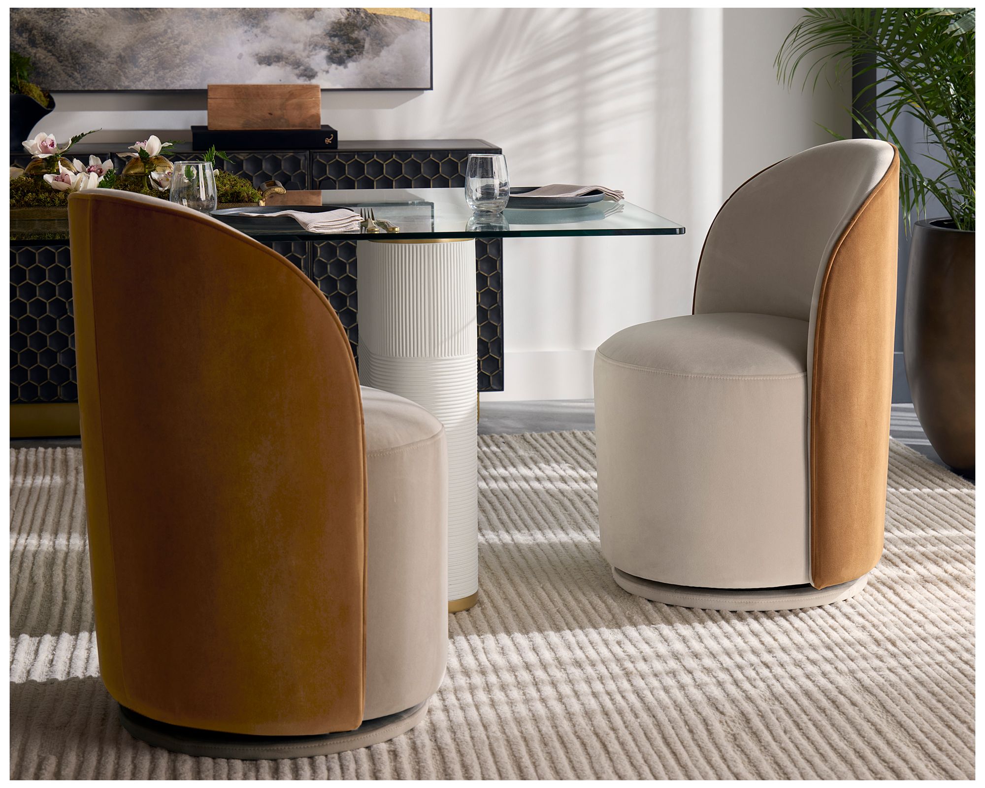 Sunpan Cavoli Swivel Dining Chair Meg Taupe and Meg Gold