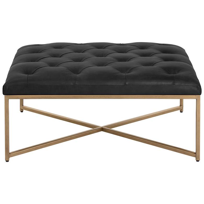 Image 2 Sunpan Endall Ottoman Antique Brass Vintage Black Night Leather more views
