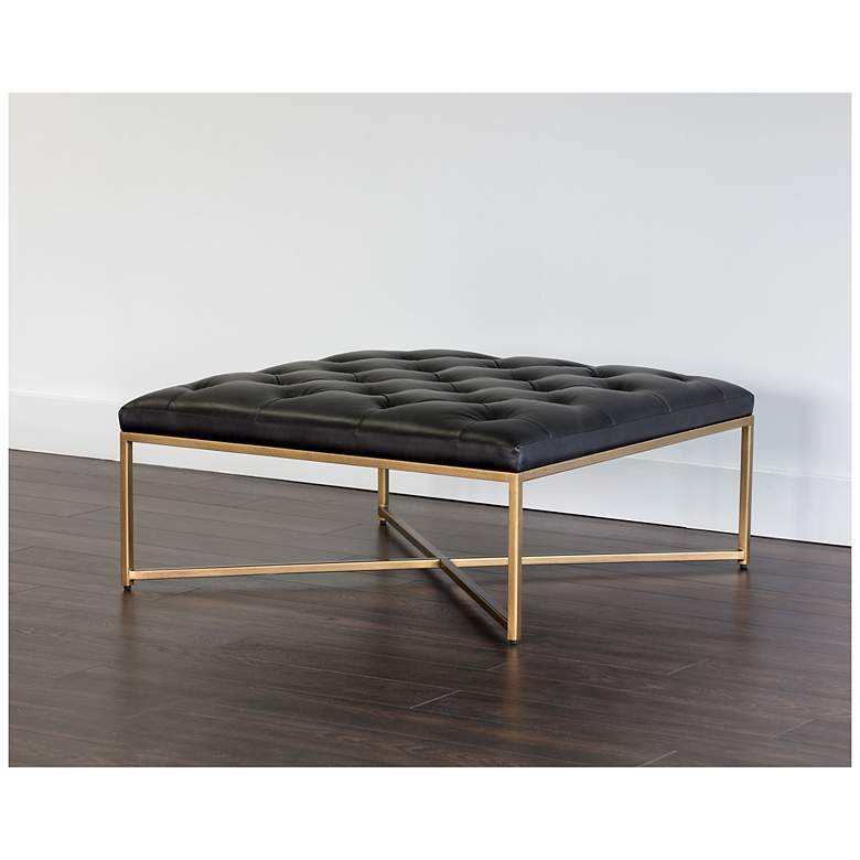 Image 3 Sunpan Endall Ottoman Antique Brass Vintage Black Night Leather more views