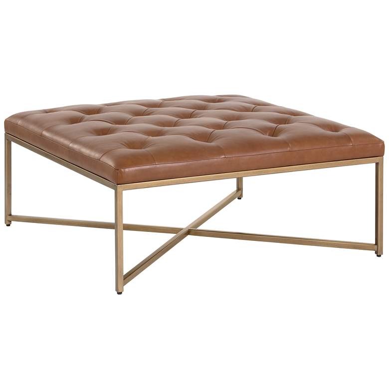Image 1 Sunpan Endall Ottoman Antique Brass Vintage Camel Leather