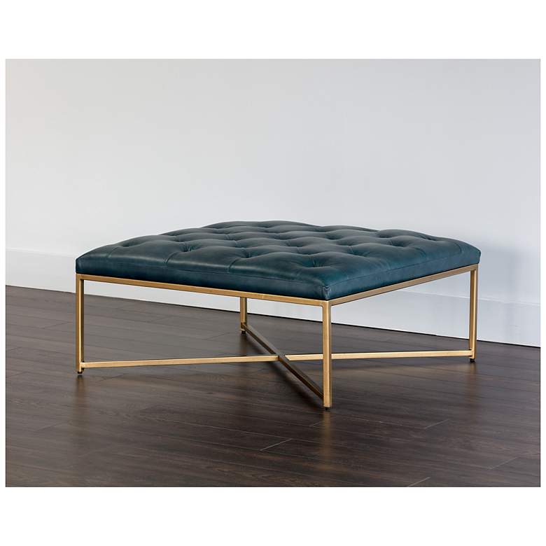 Image 2 Sunpan Endall Ottoman Antique Brass Vintage Peacock Leather more views