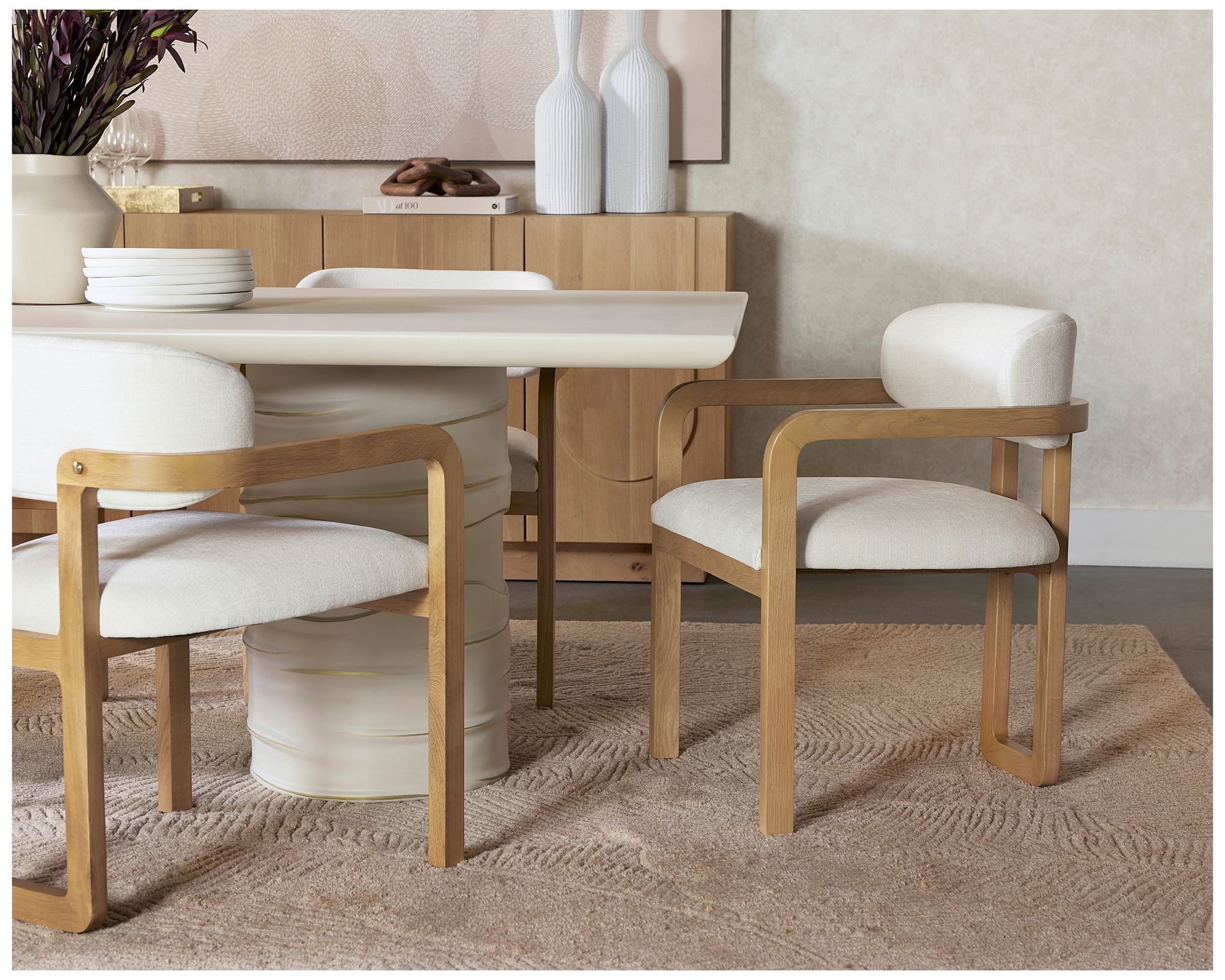 Sunpan Madrone Dining Armchair Rustic Oak Heather Ivory Tweed