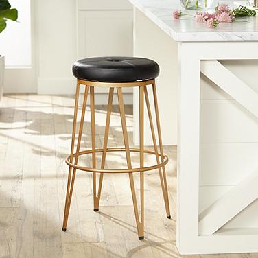 Sunpan Matthews 30" Onyx Black and Brass Modern Luxe Swivel Bar Stool