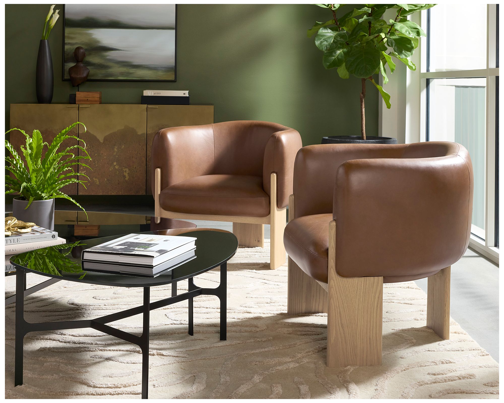 Sunpan Trine Lounge Chair Rustic Oak Vintage Camel Leather