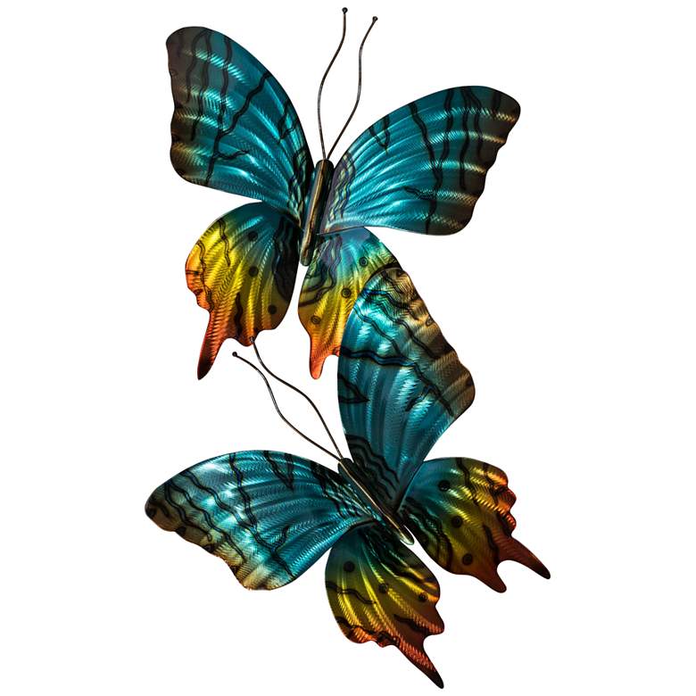 Image 1 Sunset Moth Pair Turquoise 21" Wide Metal Wall Sculpture