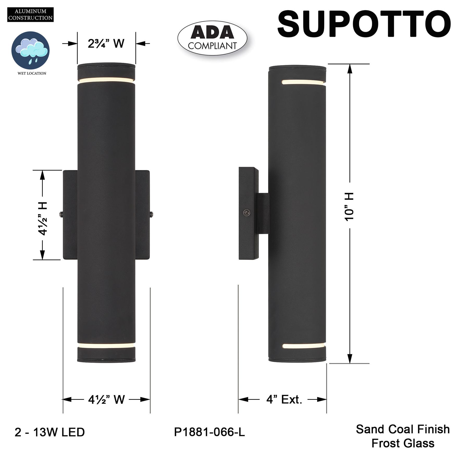 Supotto 14" High Sand Black LED ADA Outdoor Wall Light