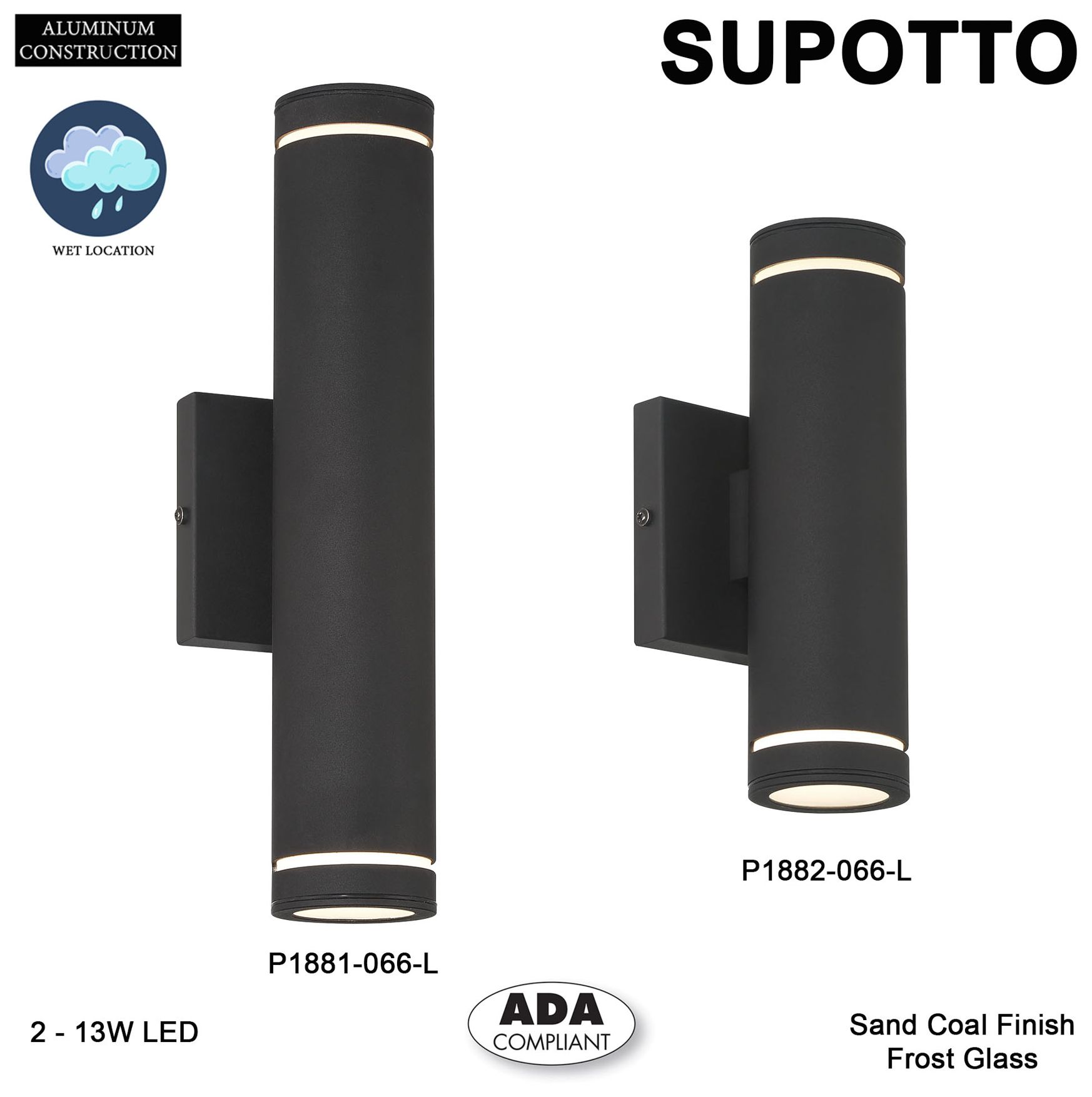Supotto 14" High Sand Black LED ADA Outdoor Wall Light