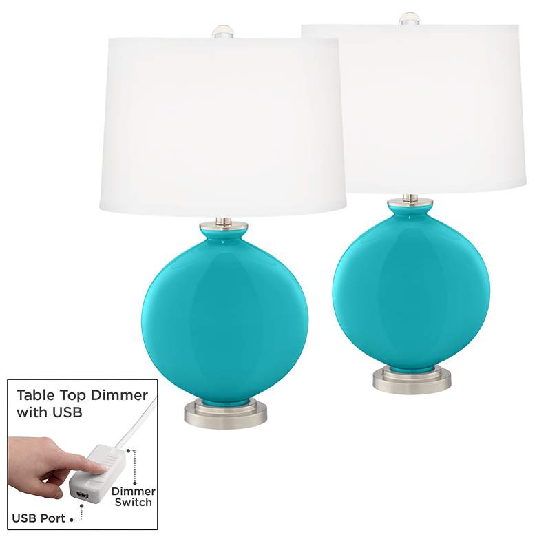 Image 1 Surfer Blue Carrie Modern Table Lamps Set of 2 with USB Dimmers