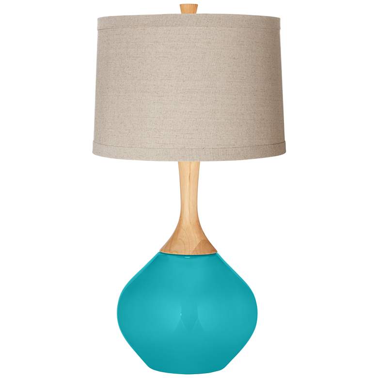 Image 1 Surfer Blue Natural Linen Drum Shade Wexler Table Lamp