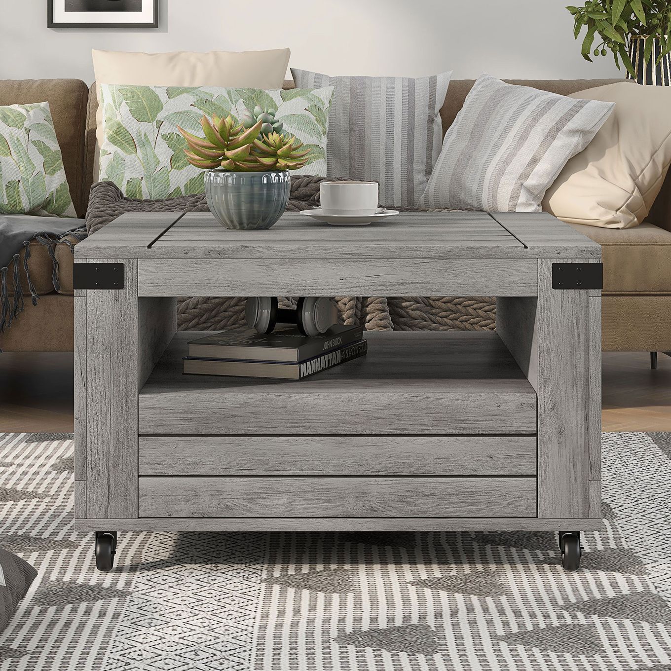 grey square coffee table with storage