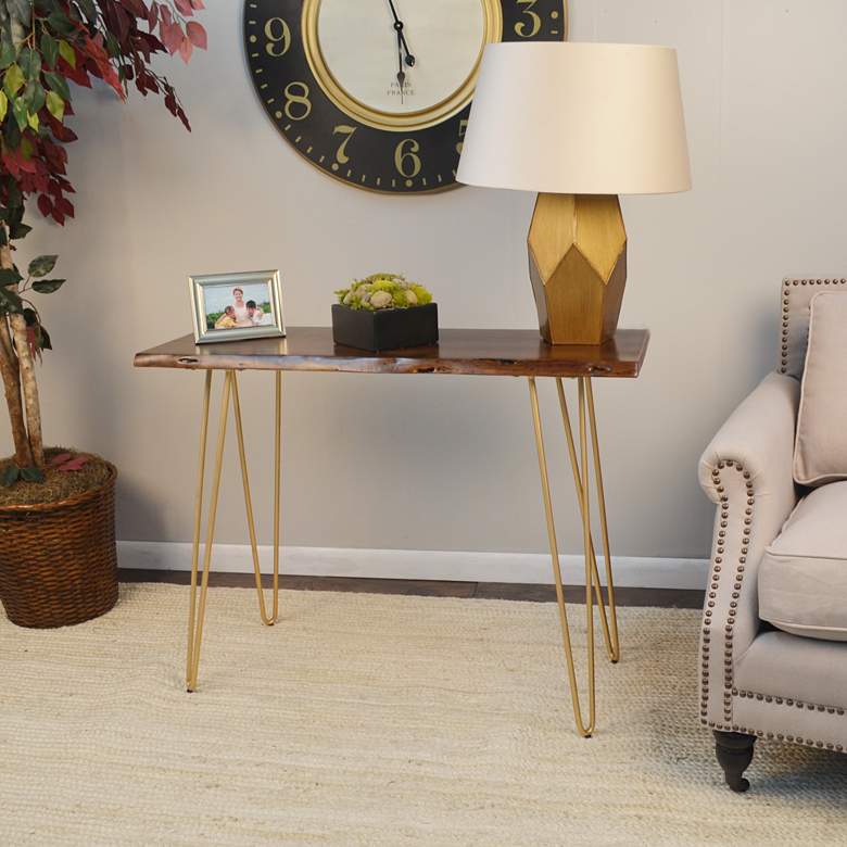 Image 1 Suri 40 inch Wide Elm Wood and Gold Live Edge Console Table