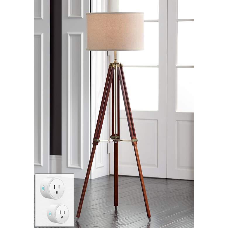 Image 1 Surveyor Cherry Wood Tripod Floor Lamp w/ Smart Socket