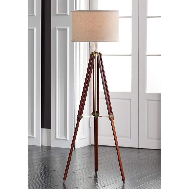 Image 1 Surveyor Cherry Wood Tripod Floor Lamp w/ Smart Socket