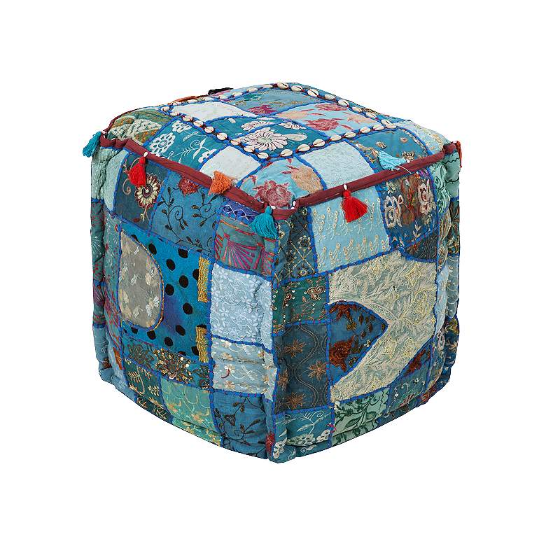 Image 1 Surya Exotic Patchwork Brittany Blue Teal Pouf Ottoman