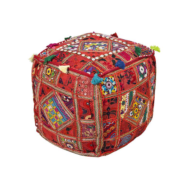 Image 1 Surya Exotic Patchwork Jester Red Cotton Pouf Ottoman