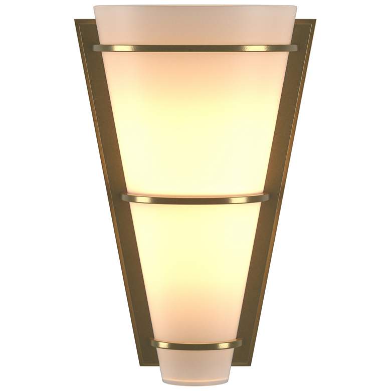Image 1 Suspended Half Cone 10" High Modern Brass Sconce With Opal Glass Shade