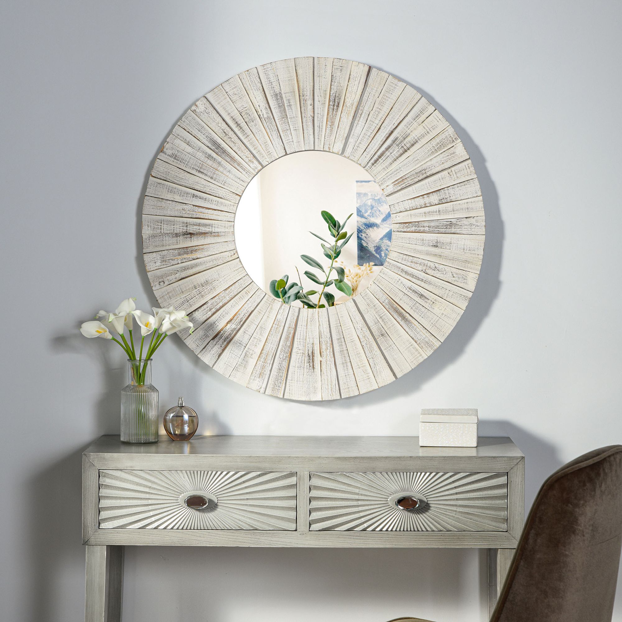 Image 7 Sutter Distressed White 36" Round Sunburst Wall Mirror more views