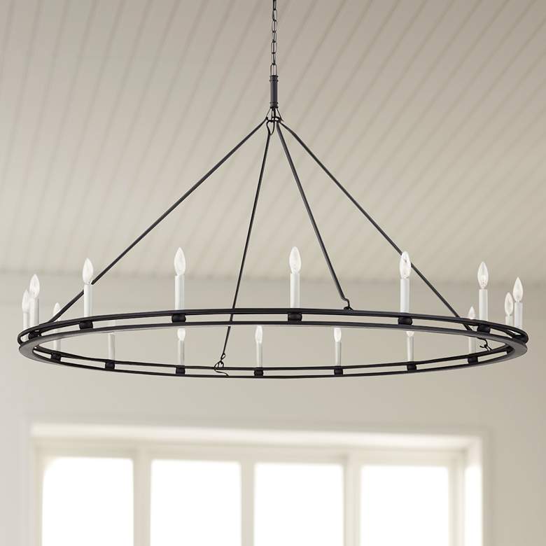Image 1 Sutton 61"W Textured Black 16-Light Wagon Wheel Chandelier