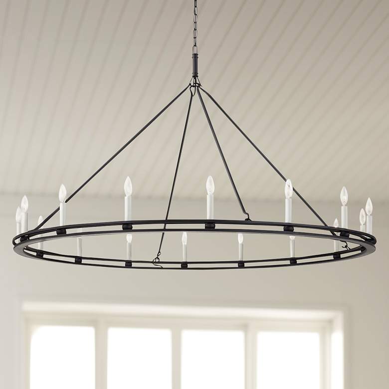 Image 1 Sutton 61 inchW Textured Black 16-Light Wagon Wheel Chandelier