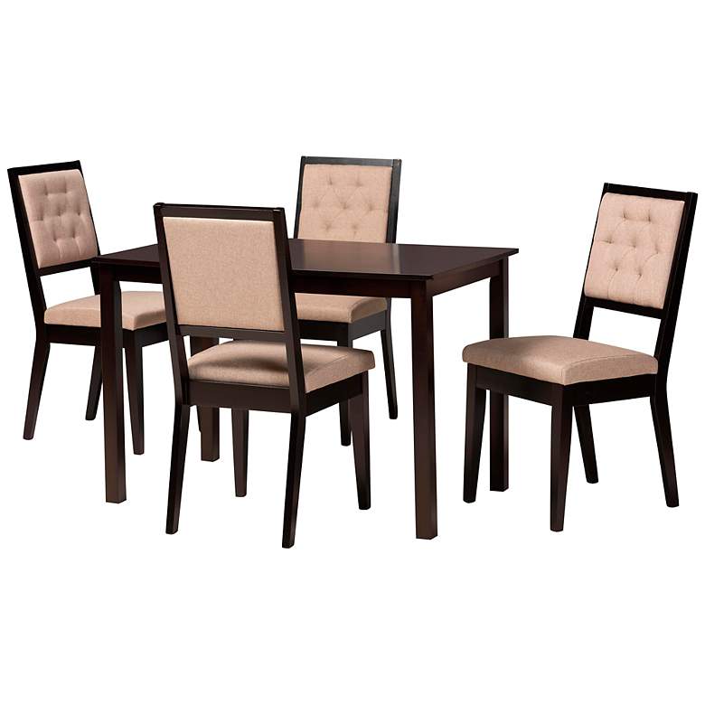 Image 2 Suvi Sand Tufted Fabric Dark Brown Wood 5-Piece Dining Set