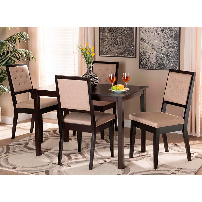 Image 1 Suvi Sand Tufted Fabric Dark Brown Wood 5-Piece Dining Set