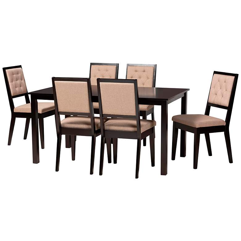 Image 2 Suvi Sand Tufted Fabric Dark Brown Wood 7-Piece Dining Set