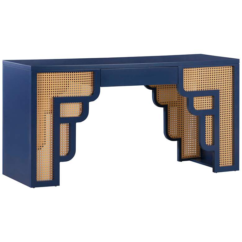 Image 1 Suzie 62" Wide Navy Wood Woven Rattan Rectangular Desk