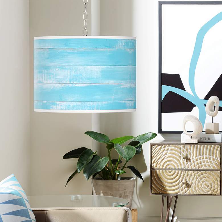 Image 1 Swag Style Barnyard Blue Giclee Shade Plug-In Chandelier
