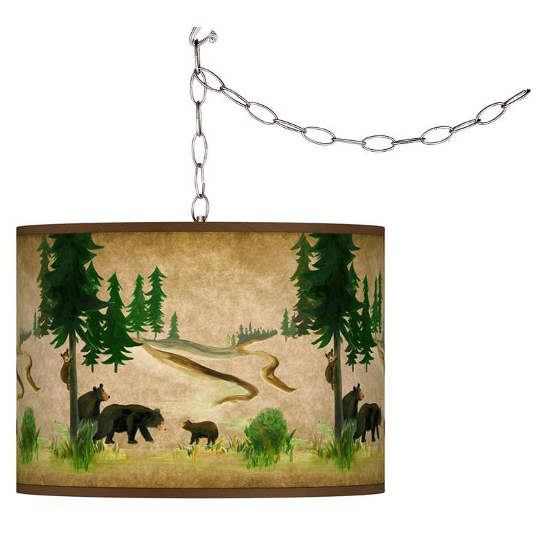 Image 1 Swag Style Bear Lodge Giclee Shade Rustic Plug-In Chandelier