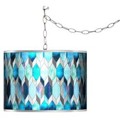 Swag Style Blue Tiffany-Style Silver Metallic Plug-In Chandelier
