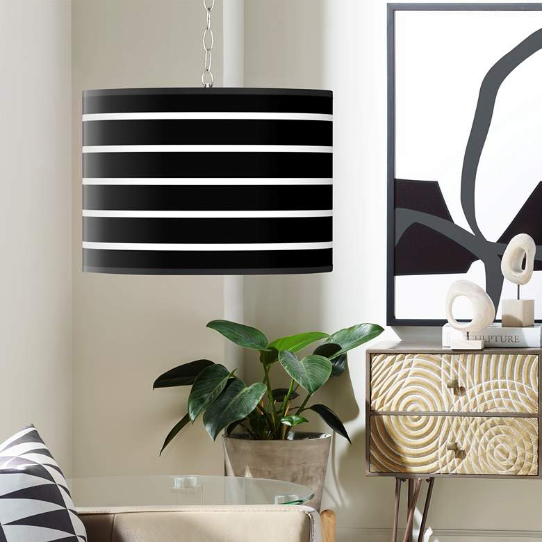 Image 1 Swag Style Bold Black Stripe Shade Plug-In Chandelier