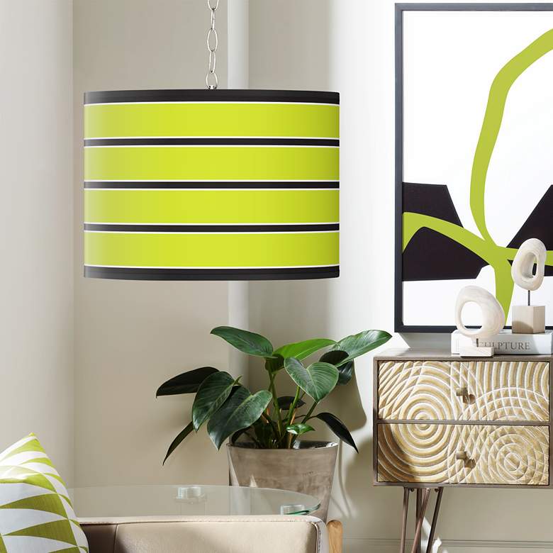 Image 1 Swag Style Bold Lime Green Stripe Shade Plug-In Chandelier