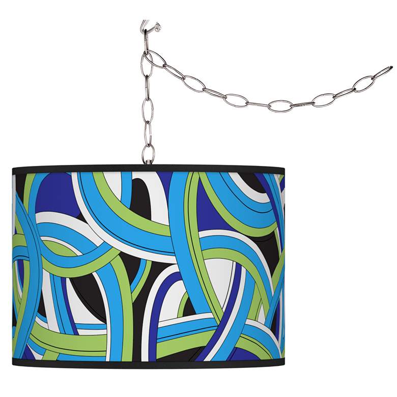 Image 1 Swag Style Deco Curves Giclee Shade Plug-In Chandelier