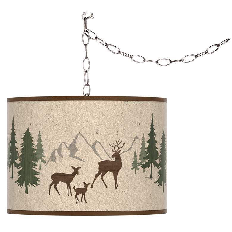 Image 1 Swag Style Deer Lodge Giclee Shade Plug-In Chandelier