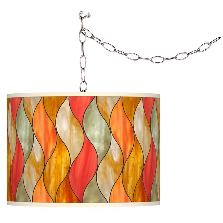 Image 1 Swag Style Flame Mosaic Giclee Shade Plug-In Chandelier