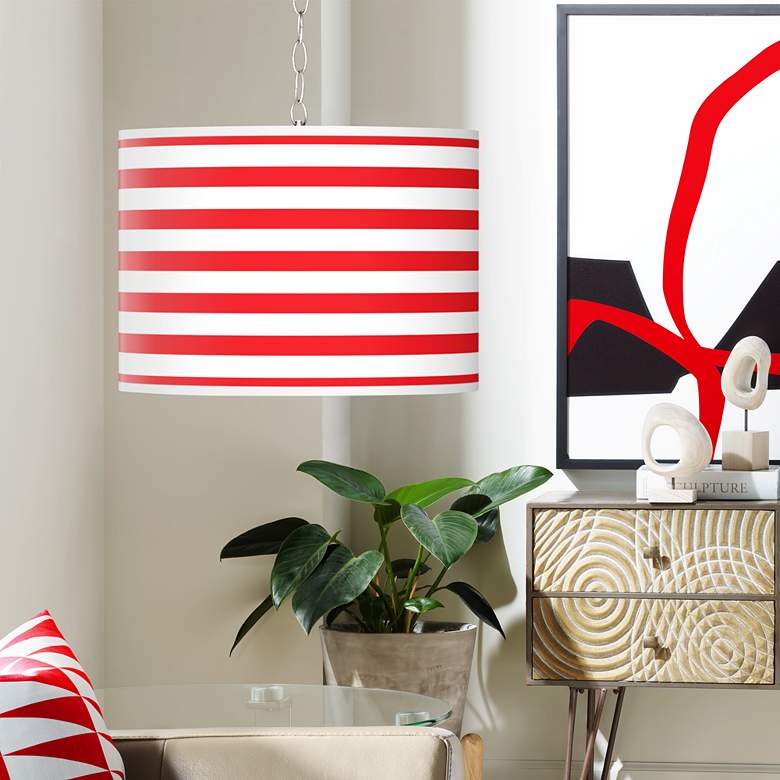 Image 1 Swag Style Red Horizontal Stripe Shade Plug-In Chandelier