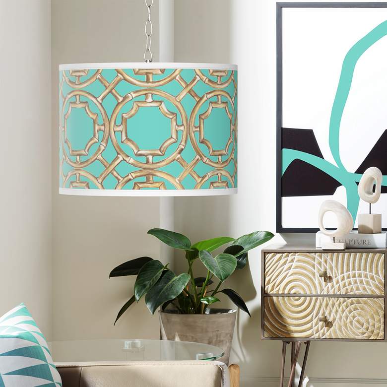 Image 1 Swag Style Teal Bamboo Trellis Giclee Plug-In Chandelier