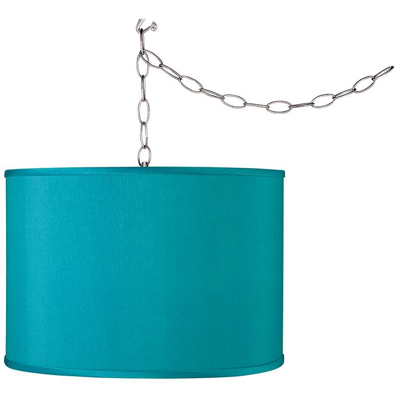 Image 1 Swag Style Teal Blue Faux Silk Shade Plug-In Chandelier