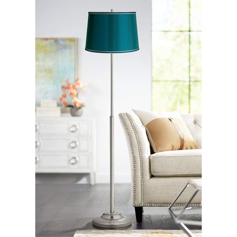 Image 7 Sydnee Satin Teal Blue Drum Lamp Shade 14x16x11 (Spider) more views